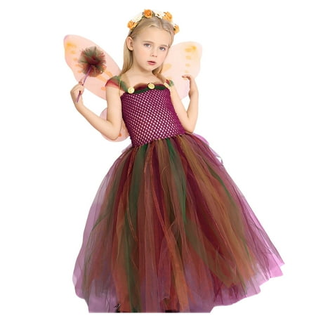 

YDOJG Dresses for Girls Custome Dress Tutu Mesh Dress With Wing Fairy Wand 3Pcs Sets Performance Red 4-5 Years