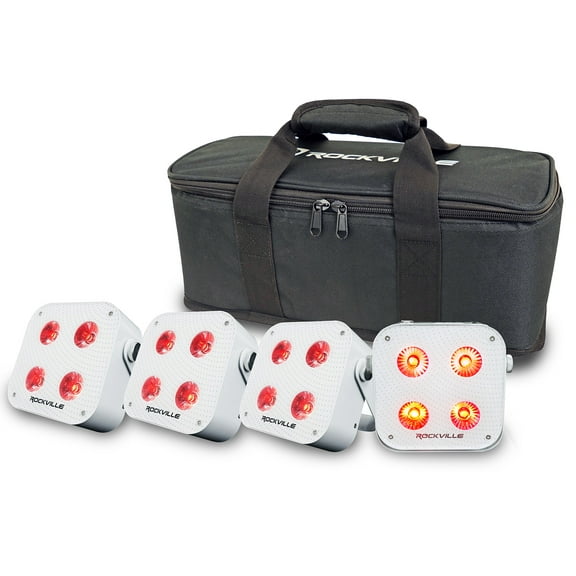 Rockville 4 PACK MINI IR4 White DJ/Party Par Wash Up Lights Wireless DMX App Bag
