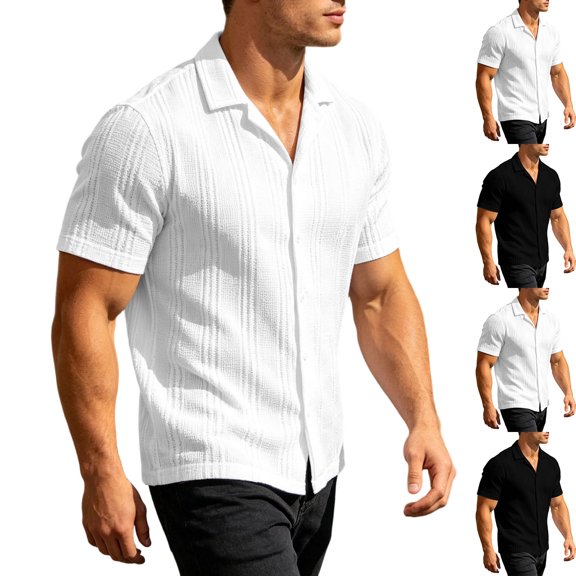 FRSASU Men's Knit Button Down Shirts Short Sleeve Polo Shirt Casual Vacation Summer Beach Tops White