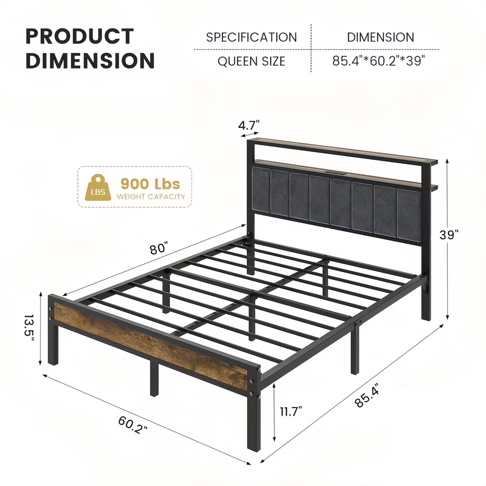 Kbun Queen Size Bed Frame with Headboard Storage Metal Platform Bed with Charging Station, Upholstered Tufted Storage Headboard,Noise-Free, No Box Spring Needed, Easy Assembly, Rustic