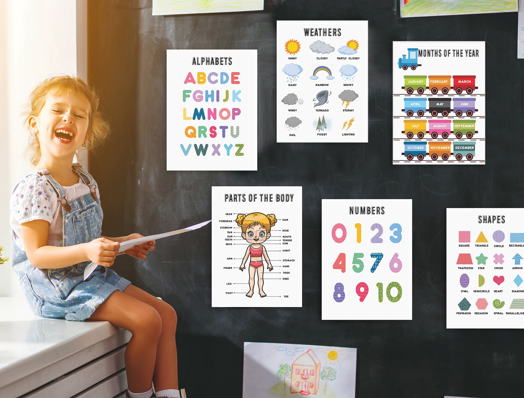Traceease 10 Educational Posters for Classroom Decor & Kindergarten Homeschool Supplies Baby, Laminated Preschool Learning Chart Materials - Alphabet, Days Of The Week, Feelings, Part of Body, Seasons