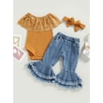 thumbnail image 2 of Bagilaanoe 3pcs Newborn Baby Girl Long Pants Set Sleeveless Lace Patchwork Romper Tops + Flare Jeans Headband 3M 6M 9M 12M 24M Infant Casual Outfits, 2 of 9