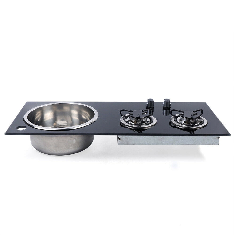 WUZSTAR 2 Burners Gas Camping Stove Hob Sink Combo for Boat Caravan RV Camper , Easy to Clean