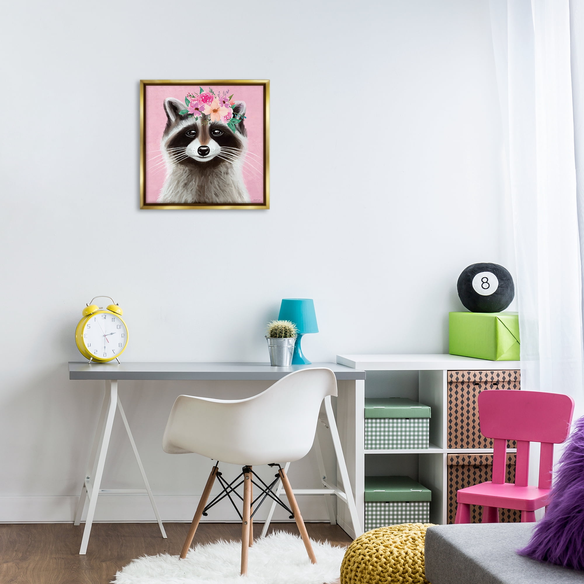 Stupell Industries Pink Florals Raccoon Animals & Insects Painting Gold Floater Framed Canvas Art Print Wall Art, 18 x 18