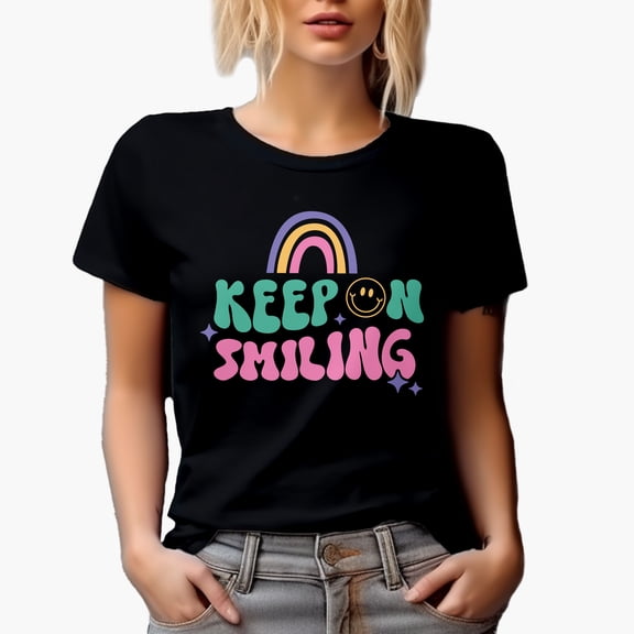 Keep on Smiling Quote, Retro Groovy Wavy Text & Rainbow Art Merch Gift, Black T-Shirt, Small