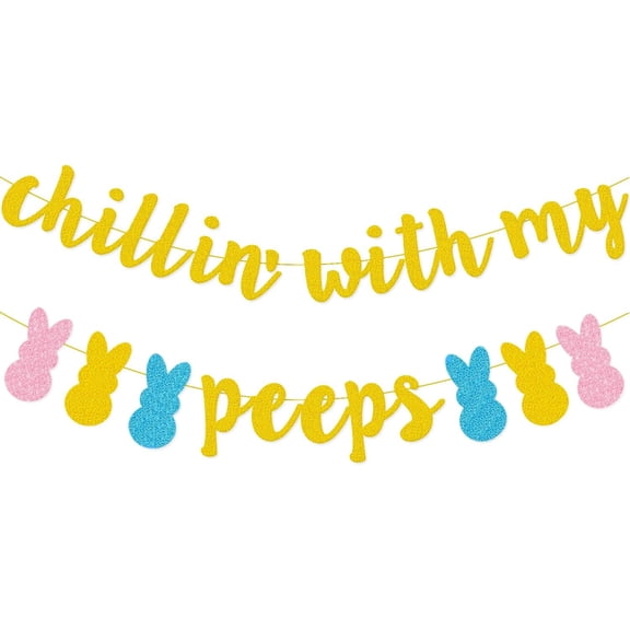 Easter Bunny Decorations Chillin with my Peeps Banner Gold Glitter Happy Easter Egg Chicken Party Decorations Happy Birthday Easter Spring Home Decorations Supplies