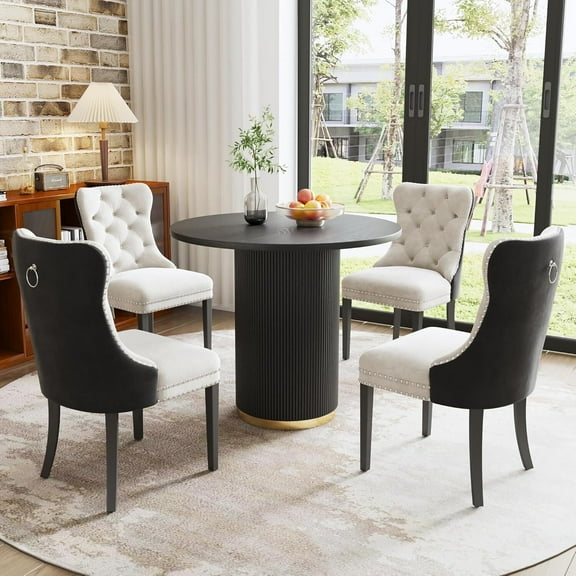 5-Piece Round Dining Table Set, 35.04" Modern Farmhouse Wood Top with Gold Roman Column Pedestal Base and 4 Velvet Nailhead Chairs with Ring Pull for Kitchen,Dining Room,Black