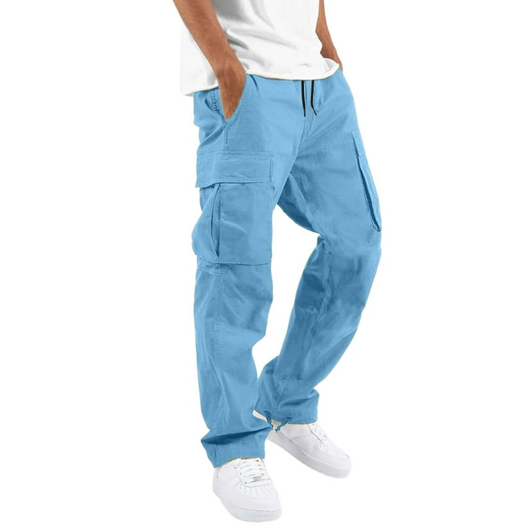 Sky Blue Cargo Pants For Men Mens Casual Waist Color Sports Hat Multi Woven  Pocket Foot Rope Solid Pants Street Cargo Tie Mens Cargo Pants