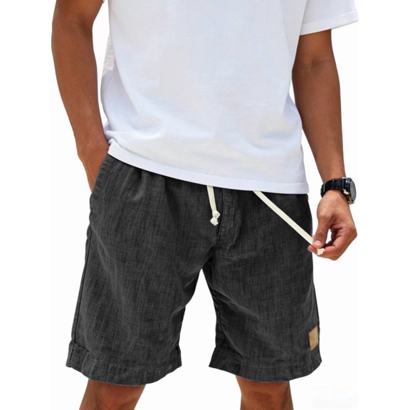 Men's Elastic Waist Cotton Drawstring Loose Fit Shorts for Summer Casual Beach Black S