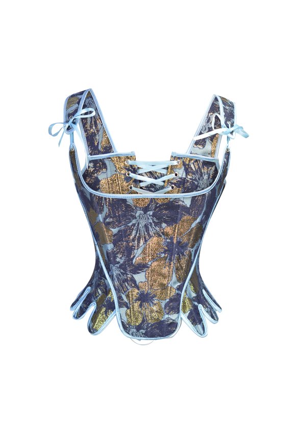 Luxalzxs Womens Renaissance Corsets Medieval Vintage Straps Tank Tops Floral Lace Up Overbust Bustier Tops Halloween Costumes Blue Corset