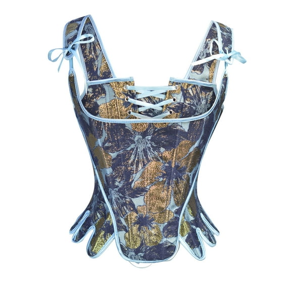 Luxalzxs Womens Renaissance Corsets Medieval Vintage Straps Tank Tops Floral Lace Up Overbust Bustier Tops Halloween Costumes Blue Corset