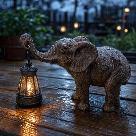 Topukaiba Solar Elephant Garden Statue with LED Lantern, Resin Animal Figurine Outdoor Patio Yard Decor, Waterproof Light Up Sculpture for Home Entryway Porch,5.5"x8.6",Gray