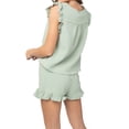 thumbnail image 3 of Women Pajamas Set 2 Pieces Loungewear Suits Solid Color Frills Fly Sleeve V-Neck Tops and Shorts Sleepwear Outfits, 3 of 4