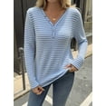 thumbnail image 2 of Women'S V-Neck Long Sleeve Shirt Striped Knit Button Decoration Dress Shirt Autumn Casual Loose Elegant Tunic Top Blue S, 2 of 8