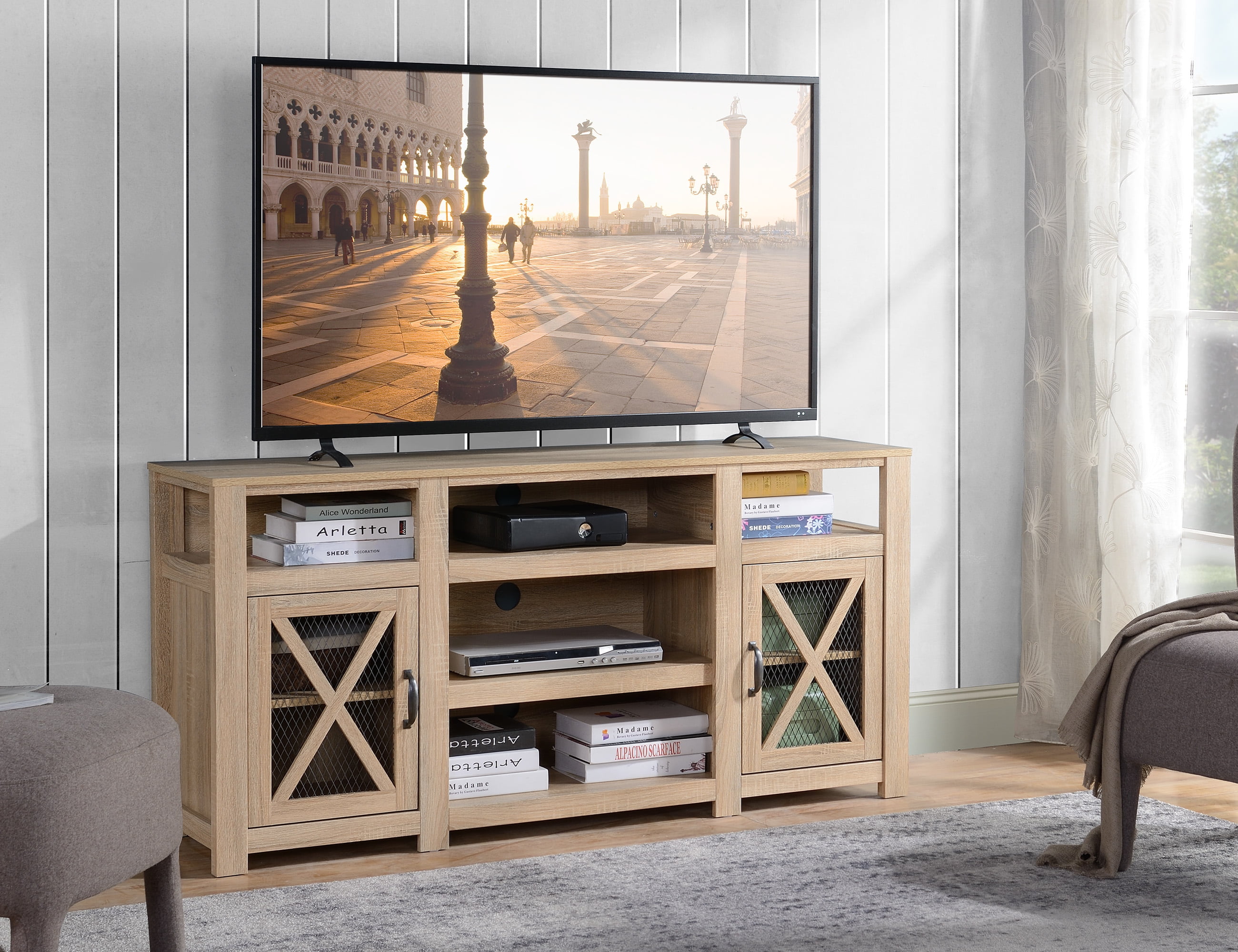 Light Oak TV Stand With Wire Mesh Doors
