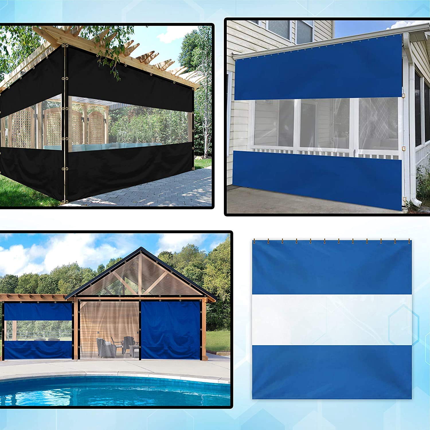 Covers & All Outdoor Curtains for Patio Waterproof, 18 oz PVC Polyester Tear and UV Resistant Clear Panel Curtain Featuring Rust-Free Grommets, Ideal for Patios, and Pergolas (9H x 15W feet, Blue)