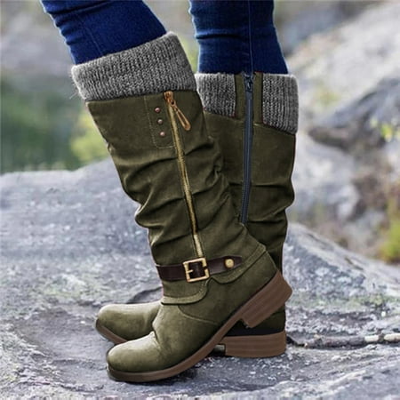 

Akiihool Women s Boots Round Toe Stretch Boots for Women Pull On Side Zipper Buckle Riding Boots (Green 10)