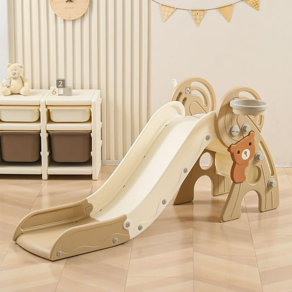 4 in 1 Toddler Slide,Freestanding Kid slides,Baby Plastic Foldable Slides with Basketball Hoop and Ball,Indoor and Outdoor Toddler Playground Slide (BROWN)
