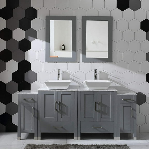 72" Bathroom Vanity Cabinet  Washbasin Solid Wood Marble Pattern Top with Sink,Mirror,Faucet & Drain,Grey