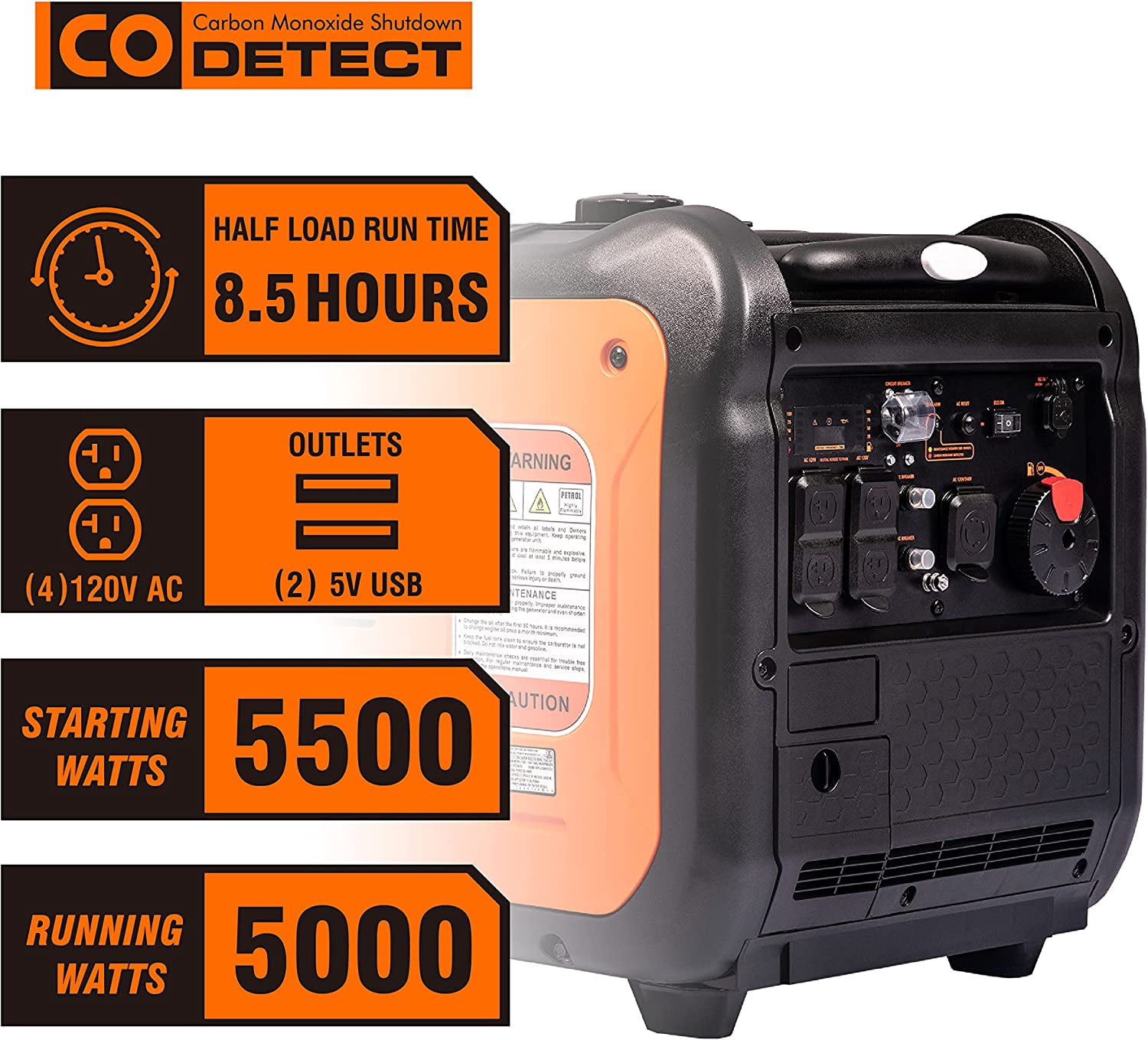 GENMAX Portable Inverter Generator，5500W Ultra-quiet Gas Engine with Electric Start, EPA Compliant, Eco-Mode Feature, Ultra Lightweight for Backup Home Use & Camping (GM5500i)