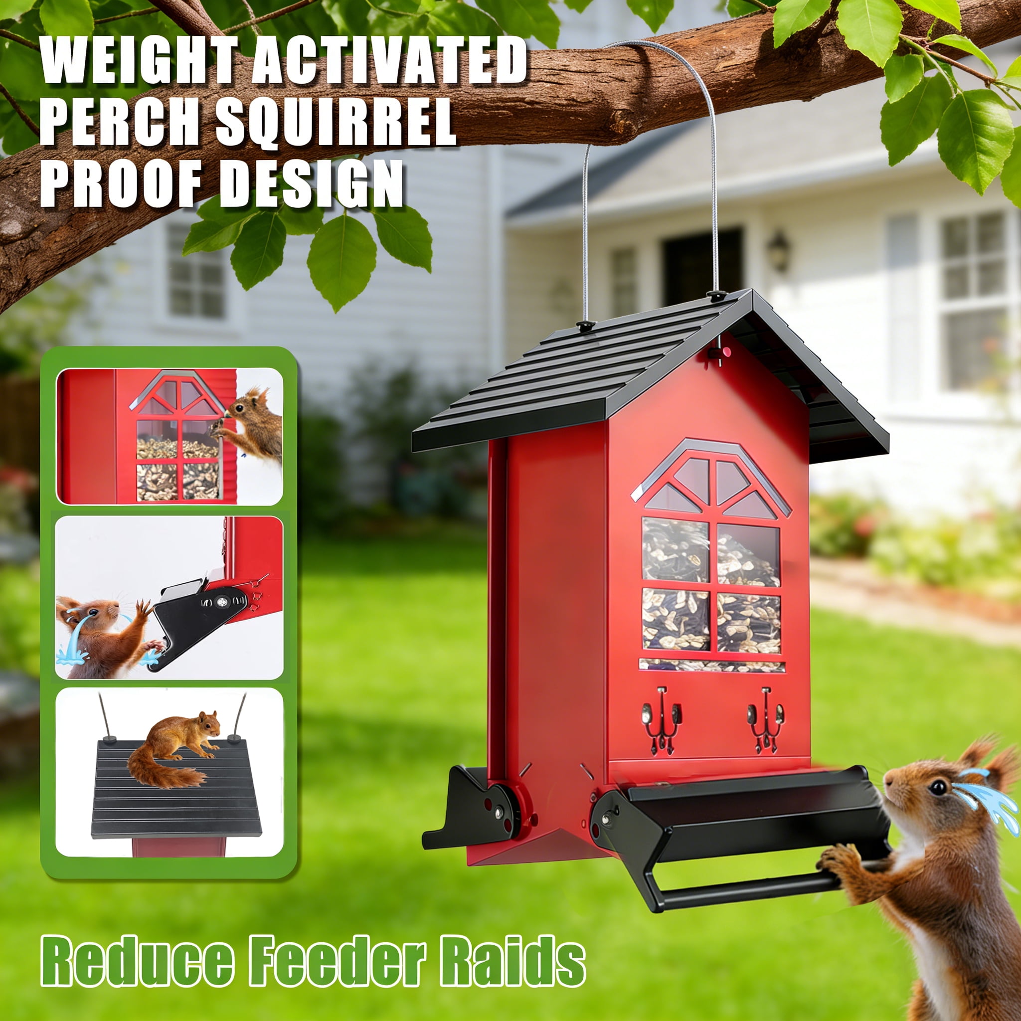 BN-LINK Bird Feeder Squirrel Proof,Hanging Bird Feeder with 2 Ports,Metal Wild Bird feeder for Outdoor Garden Yard Decor,Red