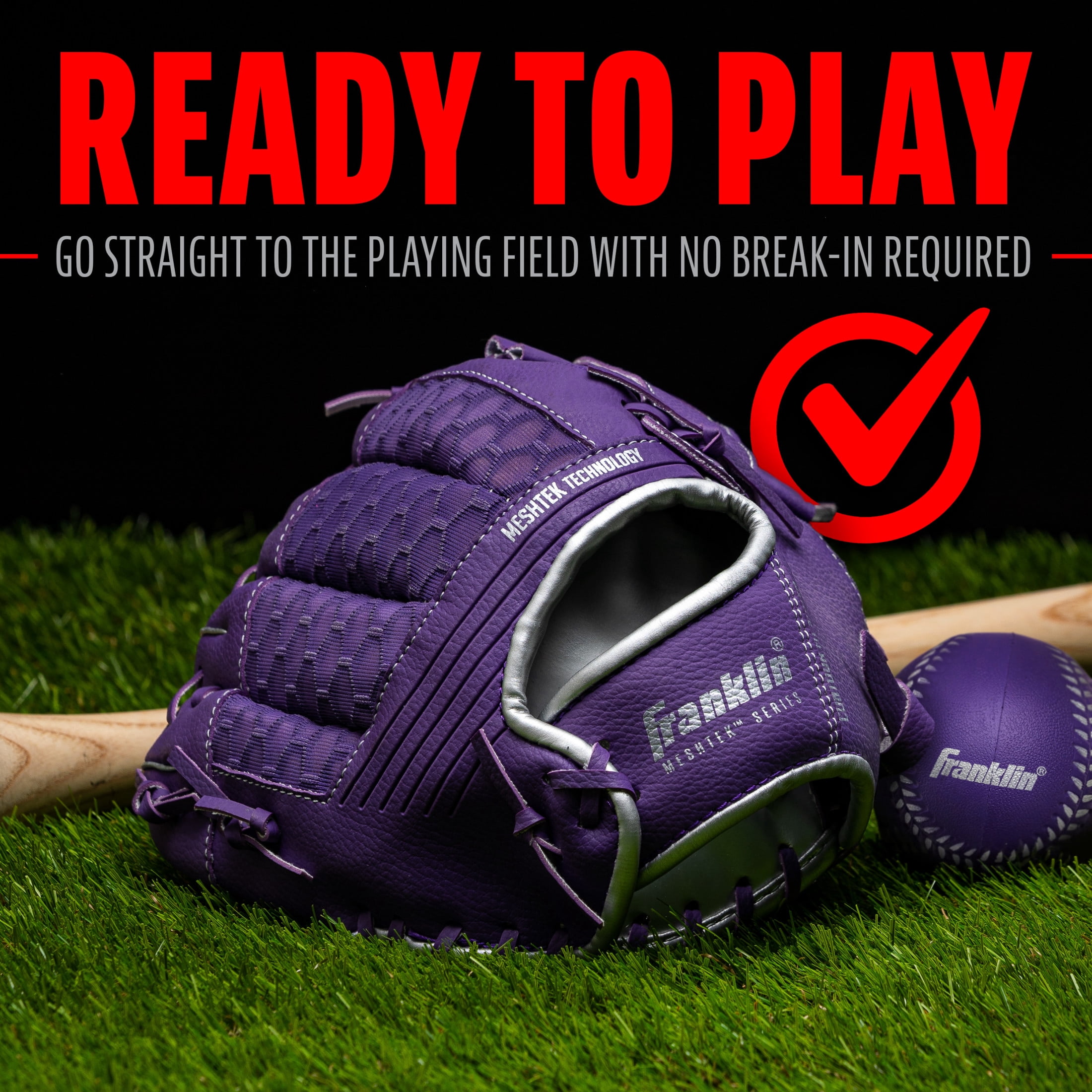 Franklin Sports Meshtek Kids Teeball Glove + Ball Set, 9.5 in, Purple/Silver, Right Hand Throw