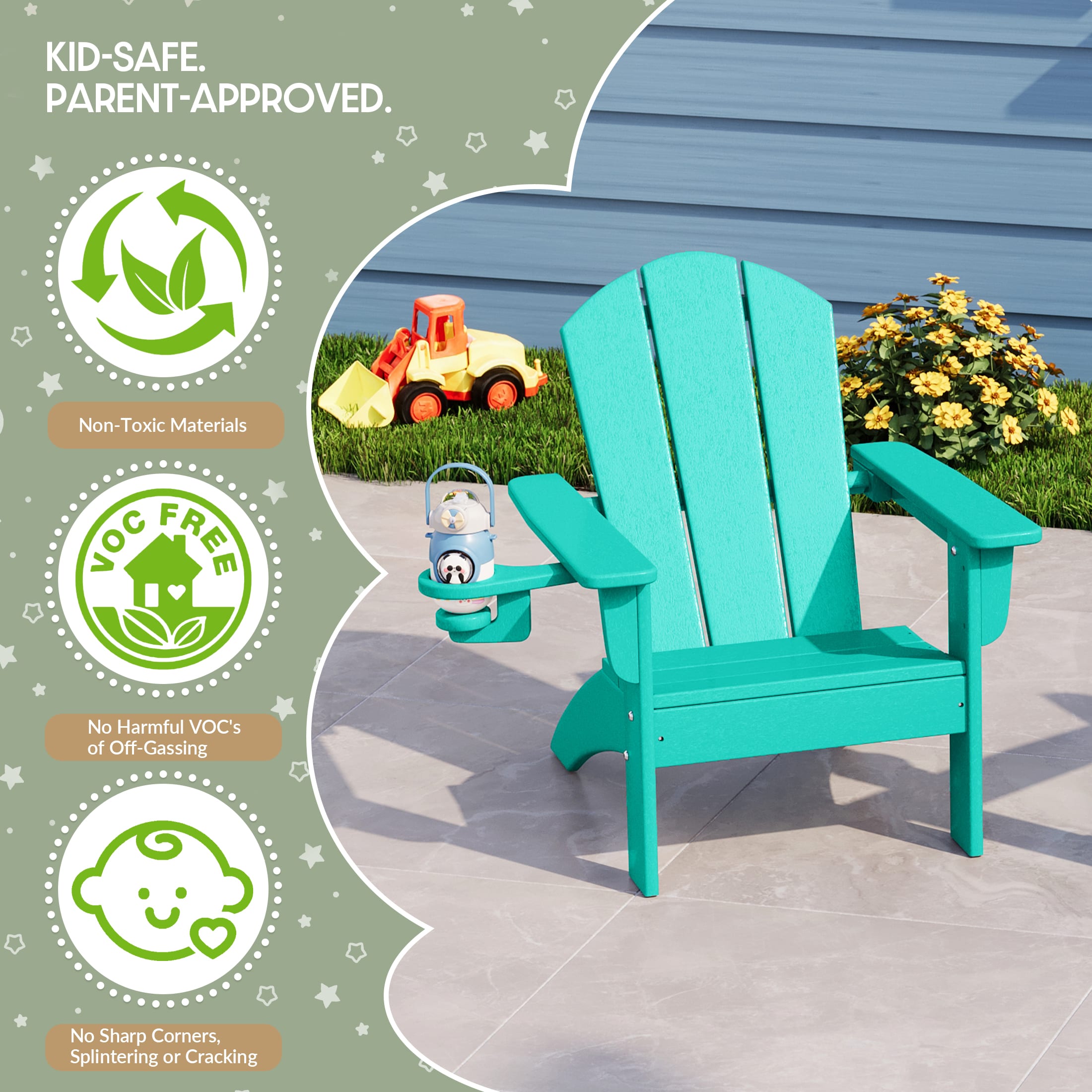 WestinTrends Malibu 3-Piece Kids HDPE Adirondack Chairs Set with Square Side Table and Cup Holders, Turquoise