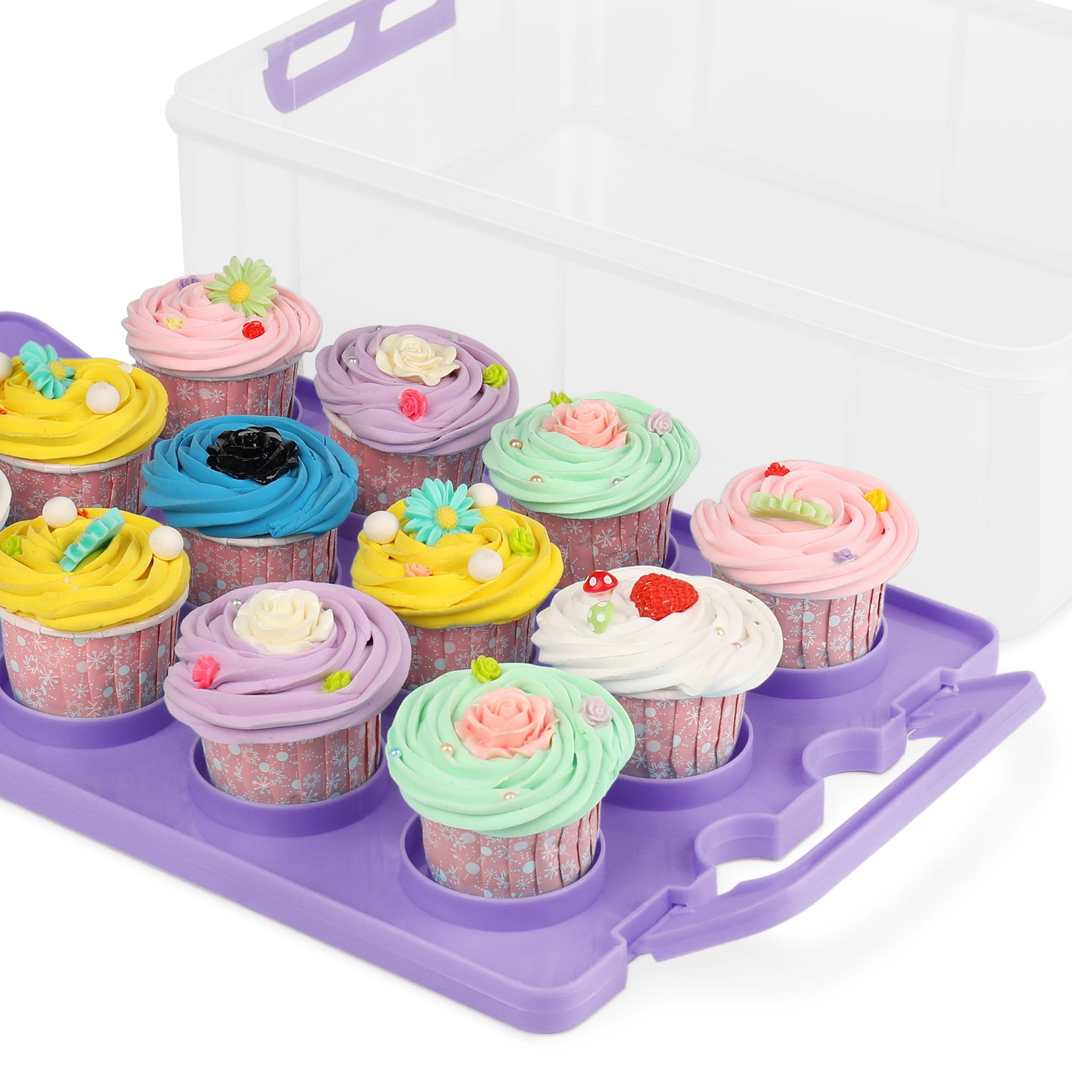 Chefmate 2 tier 24 cavity plastic covered cupcake carrier with steel tin to  bake