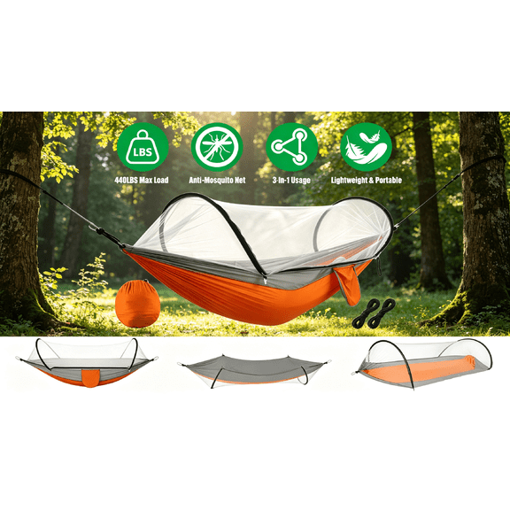 3-in-1 Portable Camping Hammock with Mosquito Net Dual-Way Zippers 440lbs Capacity Attached Storage Pocket for Outdoor Camping Hiking Backpacking