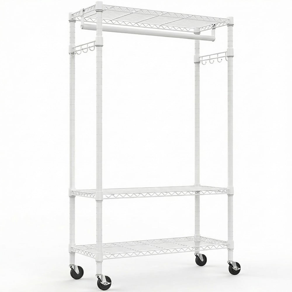 Heavy Duty Rolling Garment Rack, 3-Tier Adjustable Wire Shelving Clothes Rack with Hanging Rod, Side Hooks & Lockable Wheels, White