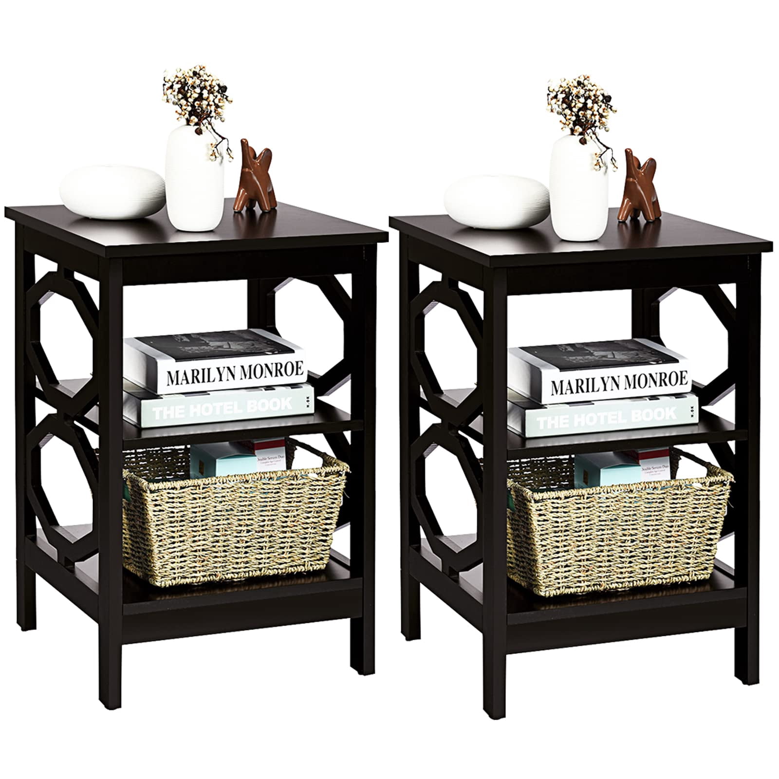 KOTEK 3-Tier Nightstand Set Of 2 - X-Design Side Table With Shelves, MDF, Grey, For Bedroom Living Room (Easy Assembly)