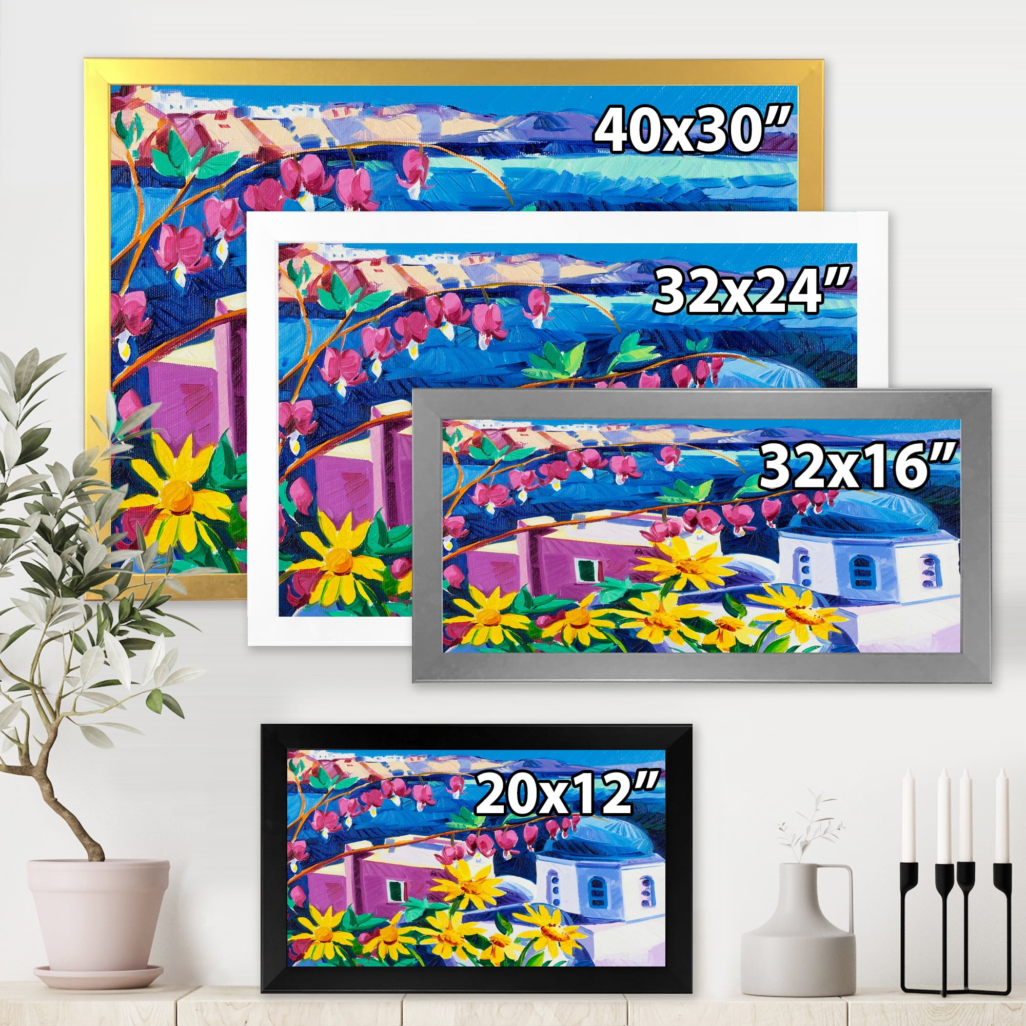 Designart 'Colorful Traditional Santorini Churches Among Flowers' Nautical & Coastal Framed Art Print