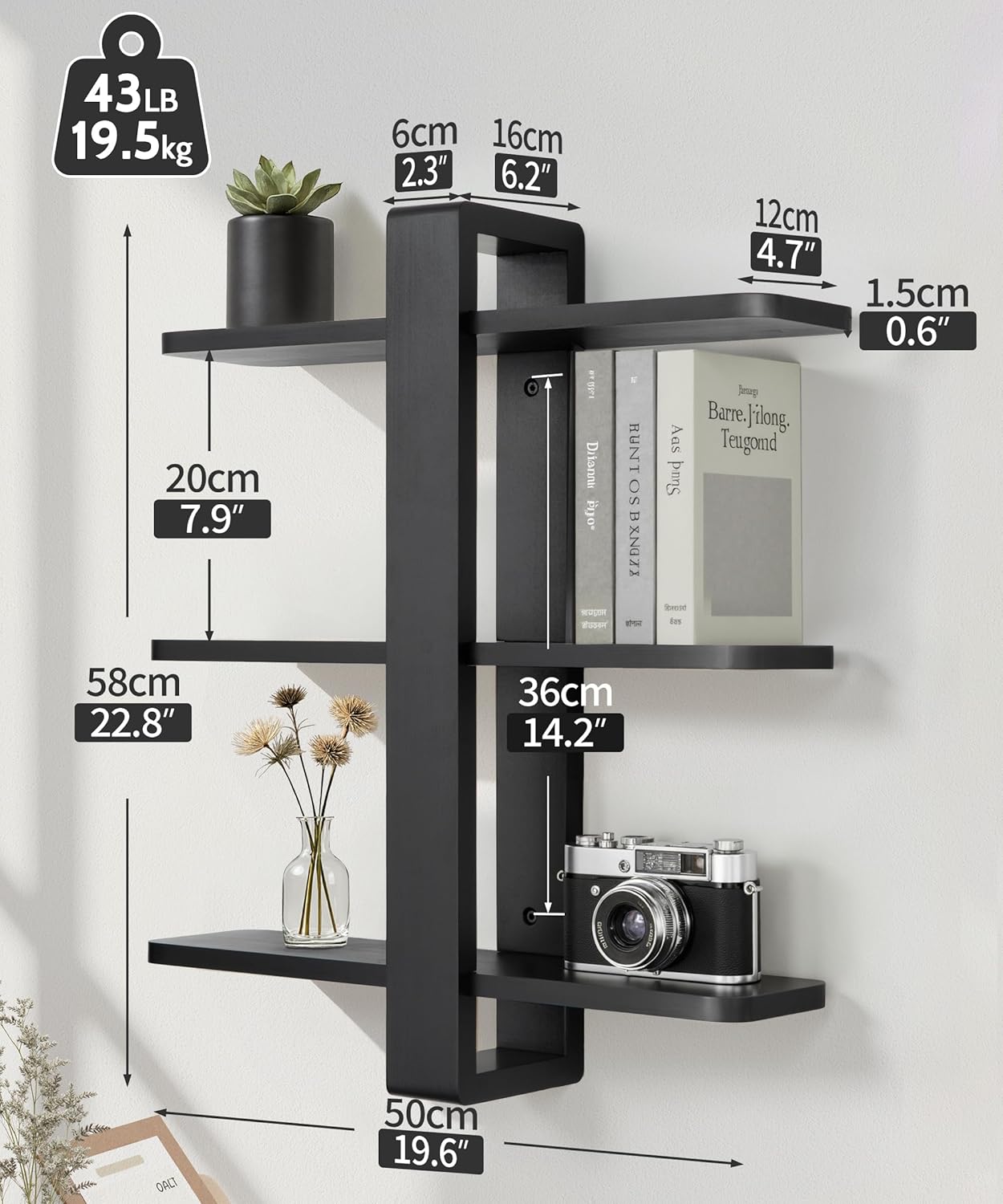 Gronda Black Floating Shelves for Wall Mounted, 3 Tier Pine Wood Shelf for Living Room Bathroom Bedroom Home Decoration Storage, Modern 20in