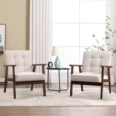 Bonzy Home Accent Chair Set of 2 Mid Century Modern Upholstered Armchair with Wood Frame for Living Room Bedroom Study Room, Easy Assembly, Beige