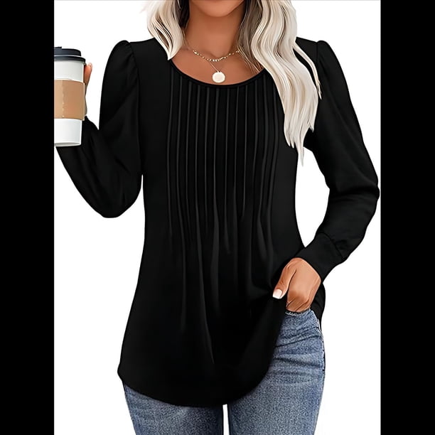 Blusas Tipo Túnica de Larga Abullonada para Mujer, con Cuello Redondo Plisado, Elegantes, Informales, Holgadas, para Invierno y . Negro L