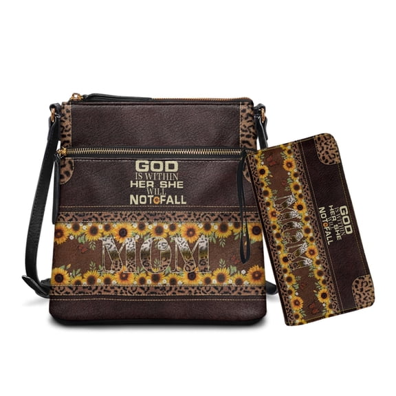 LedBack Sunflower Purses for Women Crossbody Bag Sets Leather Hobo Bag Zipper Satchel Bag Sling Shoulder Handbag with Wristlet Wallet Gift for Mom (God is within Her, She will Not Fall)