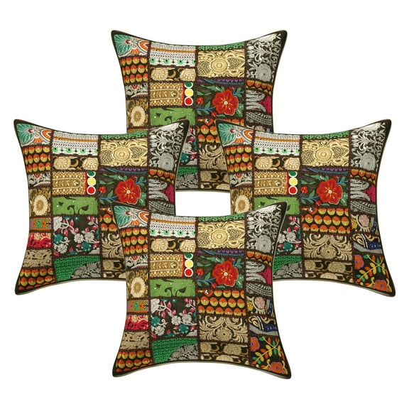 Stylo Culture Indian Cotton Home Decor Throw Pillow Sham Covers Black 18x18 Bohemian Vintage Patchwork Indian Couch Cushion Covers 45 x 45 cm Living Room Abstract Square Pillowcases | Set Of 4