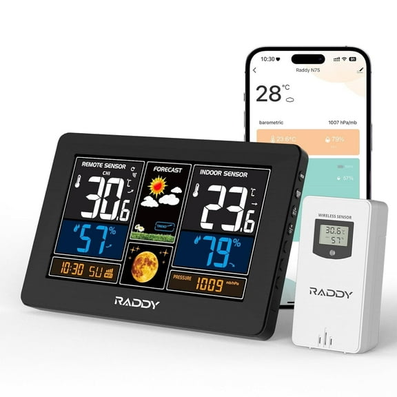 Raddy N75 Wi-Fi Weather Station with App Control, 7.5" Color Display Indoor Outdoor Thermometer, Accurate Weather Forecast, Network Time, Frost Alert, Adjustable Backlight for Home Use