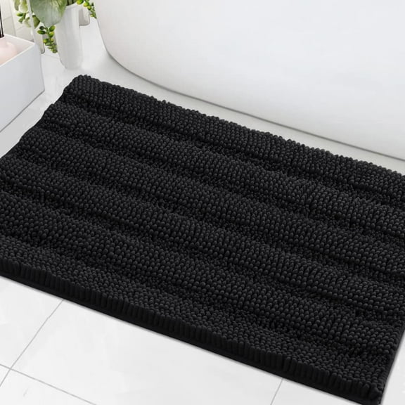 Bath Mats for Bathroom Non Slip Extra Thick Chenille Striped Bath Rug 24" x 36" Absorbent Non Skid Fluffy Soft Shaggy Rugs Washable Dry Fast Plush Mats for Indoor, Bath Room, Tub - Black