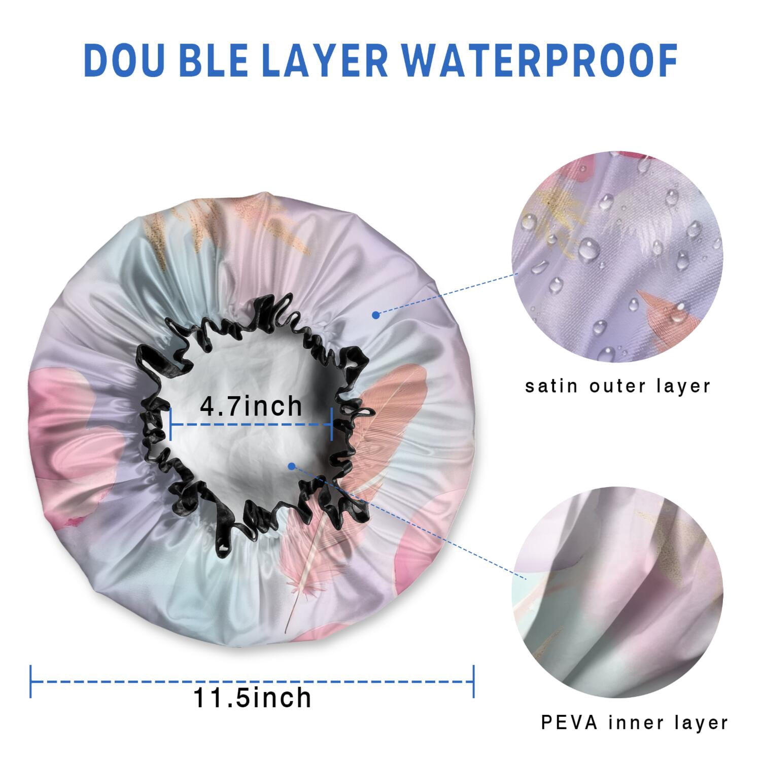 Shower Caps,Gilded Floral Watercolor Pattern Waterproof Shower Cap for Women 4 Pieces,Double Reusable Hair Cover for Shower PEVA Elastic Stretch Hem