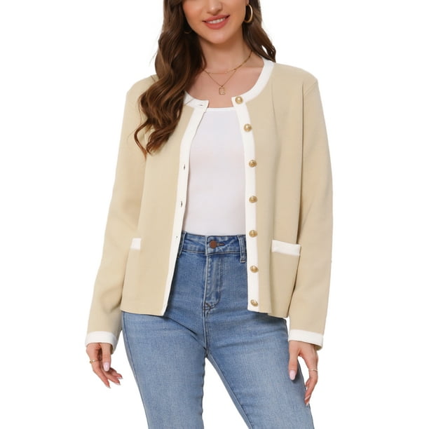 Suéter de punto de manga corta con botones de contraste y cuello redondo para mujer INSPIRE CHIC L Beige