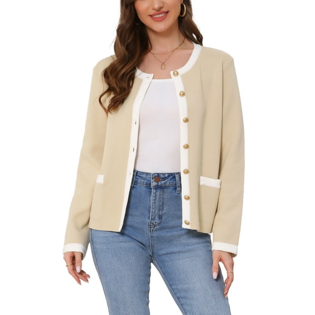 Suéter de punto de manga corta con botones de contraste y cuello redondo para mujer INSPIRE CHIC L Beige