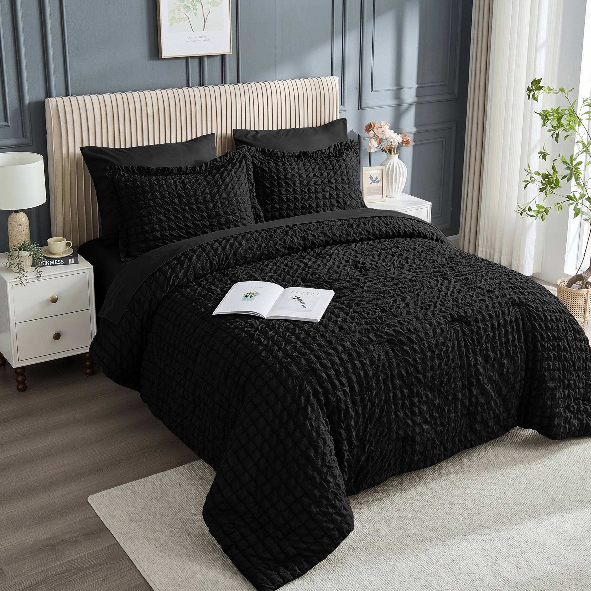 Juego de Edredón DHOLE Tamaño Queen de 7 Piezas – Textura Seersucker Tejido Waffle en Bolsa, Juego de Ropa de Cama de Microfibra Ligera para Todas las Estaciones con Sábanas y Fundas de Almohada, Decoración Rústica Vintage – Negro 6