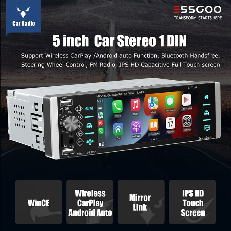 ESSGOO Single Din 5.1" Car Stereo with Wireless Apple Carplay & Android Auto, 1120*480 Touchscreen Bluetooth 5.0 with Mirror Link, FM Radio, 3 USB, New