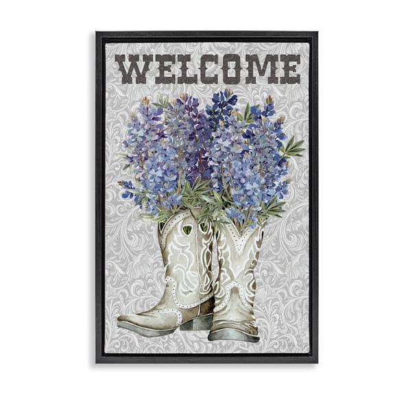 Stupell Industries Welcome Bluebonnet on Paisley Black Framed Floater Canvas Wall Art, design by Cindy Jacobs