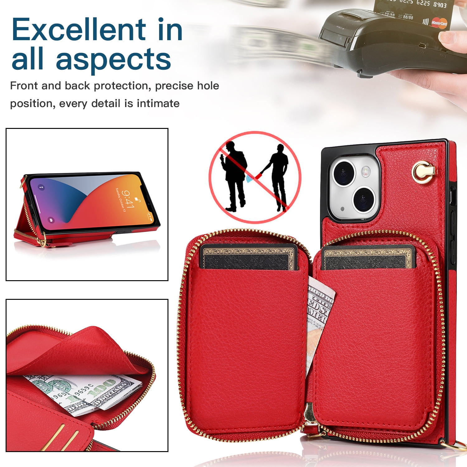 TECH CIRCLE For iPhone 12 Pro Wallet Case,Card Holder Phone Case for Women, Zipper PU Leather Purse Kickstand Folio Flip Case with Crossbody Strap for Apple iPhone 12 Pro 6.1" 2020,Red