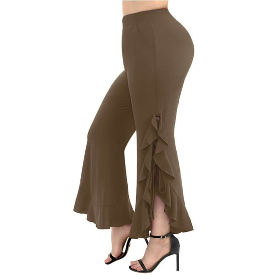 CFMDUC Womens Gothic Pants Stretchy High Waist Ruffles Split Hem Pants Dressy Dance Party Flare Bell Bottom Flowy Trousers Brown XL