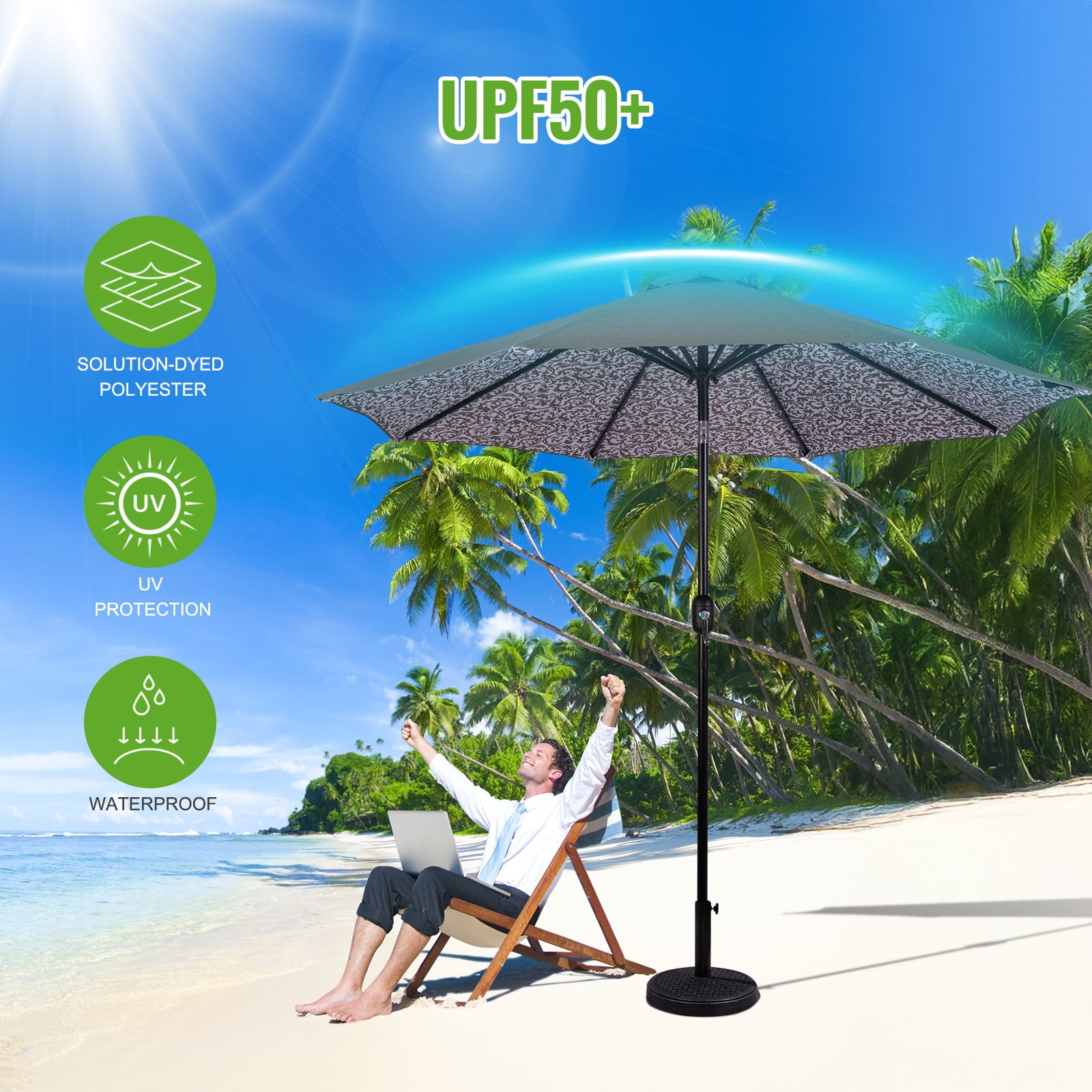 Backyard Expressions 9ft Solar Patio Umbrella with 32 LED Lights – Outdoor Market Umbrella with Tilt & Crank, Solar-Powered Lighting, Water-Resistant Fabric for Patio, Deck, Garden, Pool