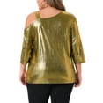 thumbnail image 3 of Agnes Orinda Women's Plus Size Metallic Tops Glitter Sparkle One Shoulder 3/4 Sleeve Shiny Party Tee Blouse 1X Gold, 3 of 6