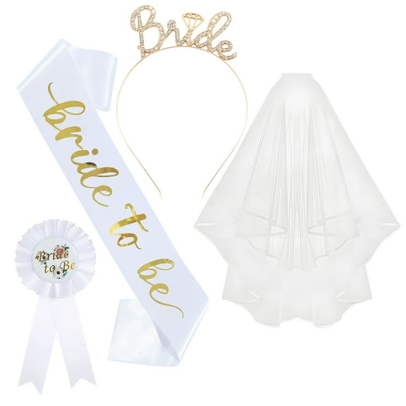Bachelorette Party 4-Piece Set - Bridal Headband, Shoulder Straps, Veil & Badge Kit for Brides-to-Be, Elegant Last Night of Freedom Accessories (Gold)
